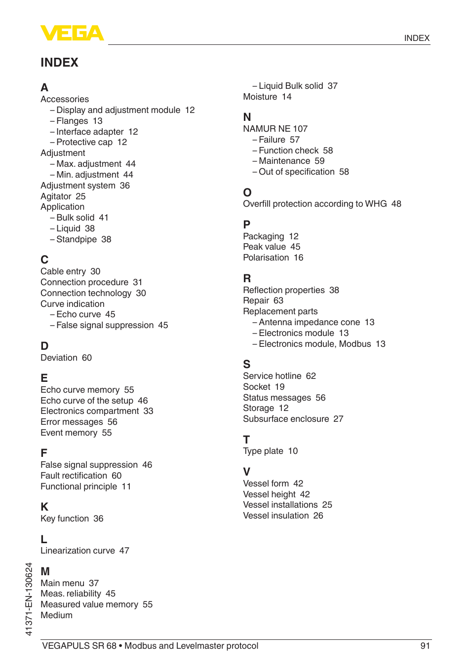 Index | VEGA VEGAPULS SR 68 Modbus and Levelmaster protocol User Manual | Page 91 / 92