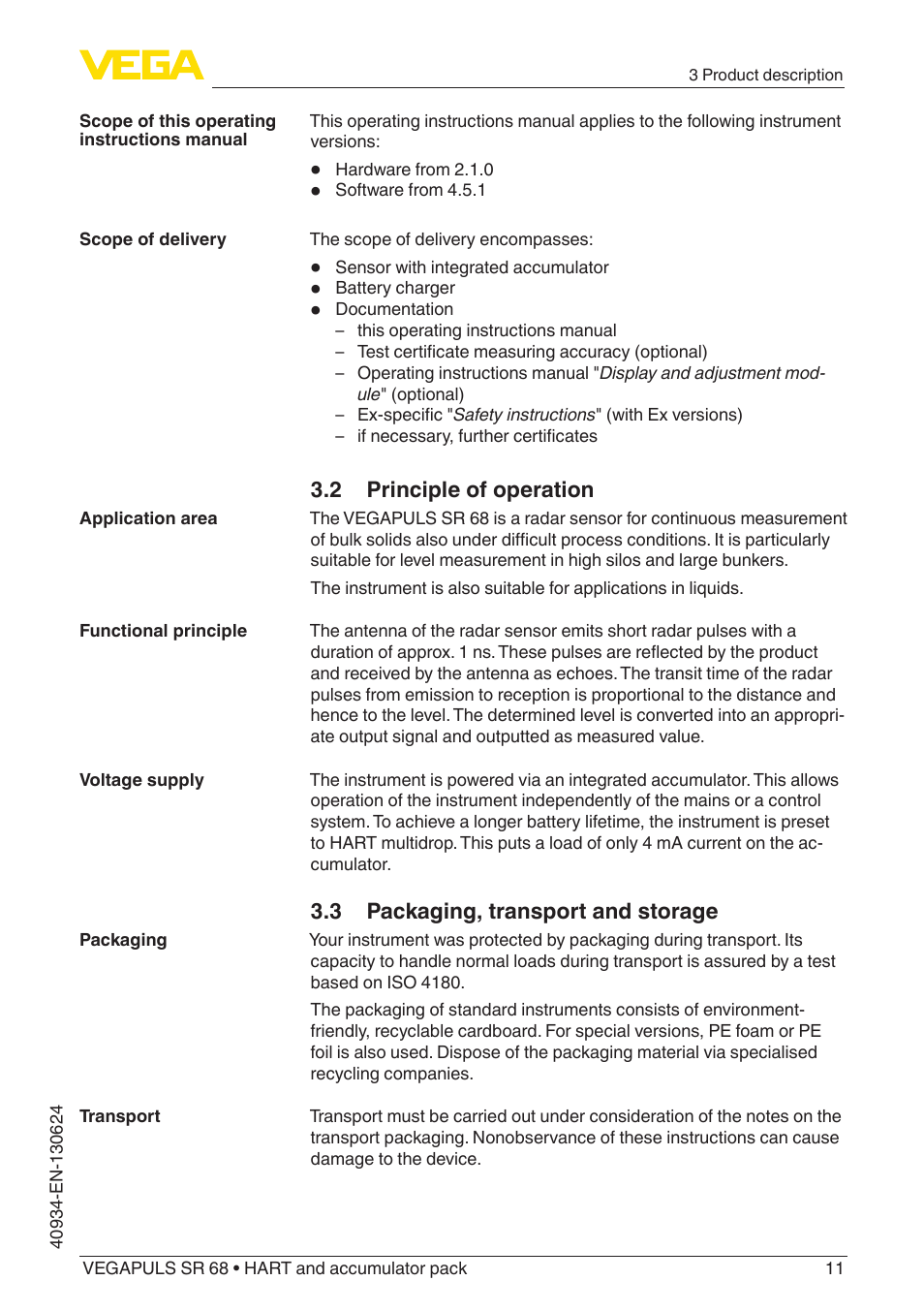 2 principle of operation, 3 packaging, transport and storage | VEGA VEGAPULS SR 68 HART and accumulator pack User Manual | Page 11 / 76
