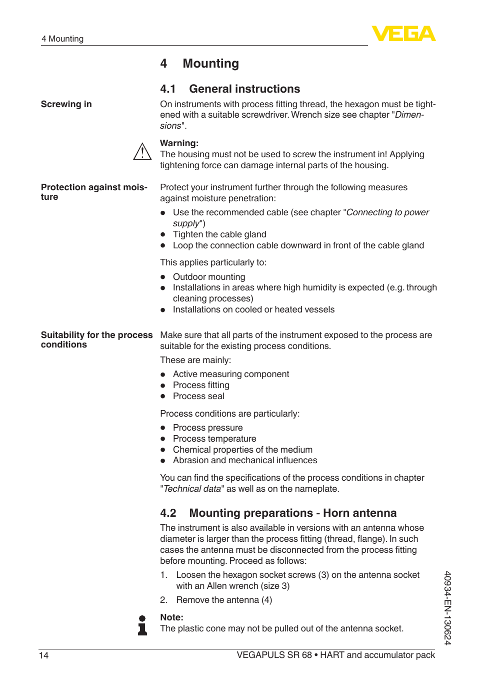 4 mounting, 1 general instructions, 2 mounting preparations - horn antenna | VEGA VEGAPULS SR 68 HART and accumulator pack User Manual | Page 14 / 76