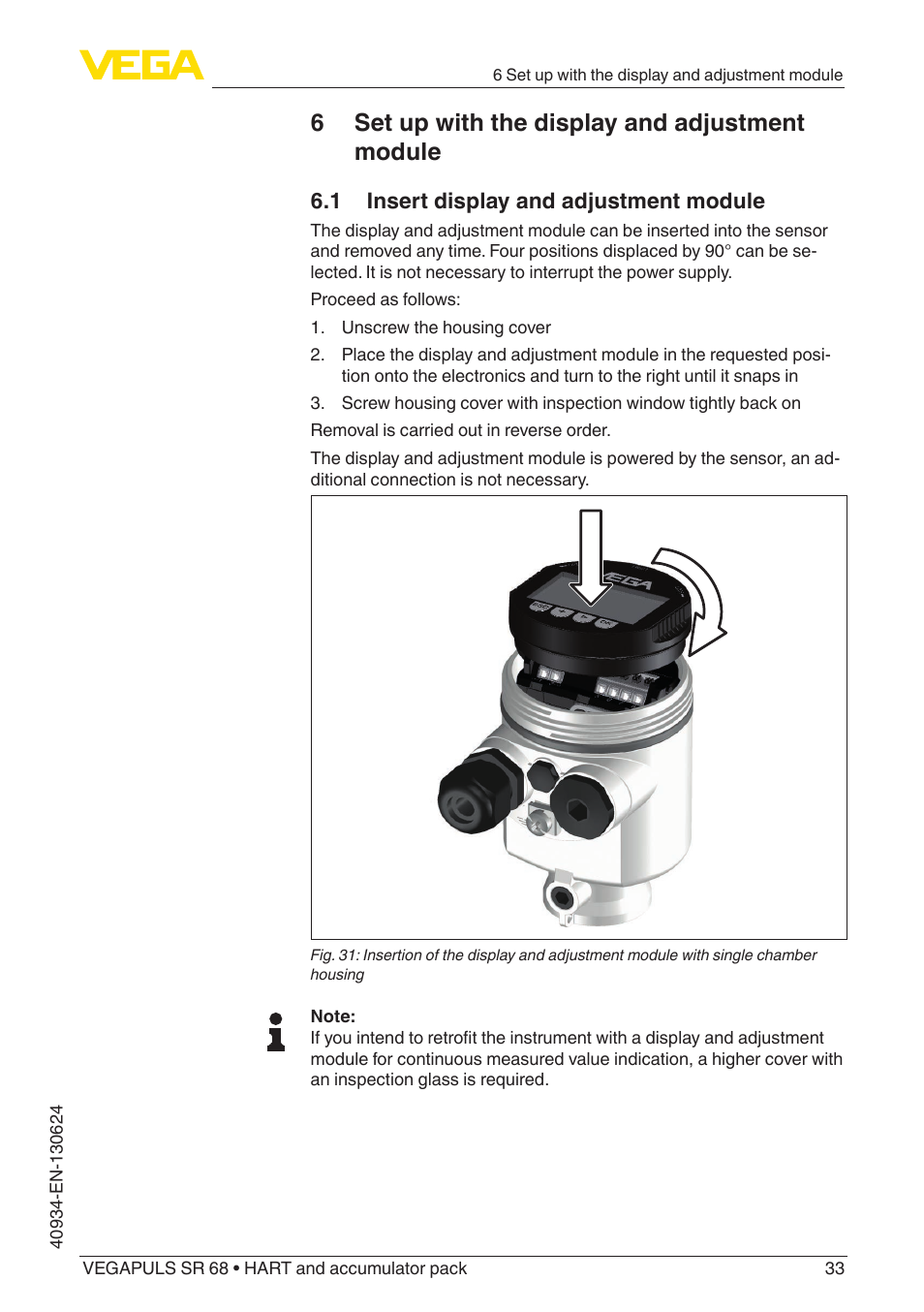 6 set up with the display and adjustment module, 1 insert display and adjustment module | VEGA VEGAPULS SR 68 HART and accumulator pack User Manual | Page 33 / 76