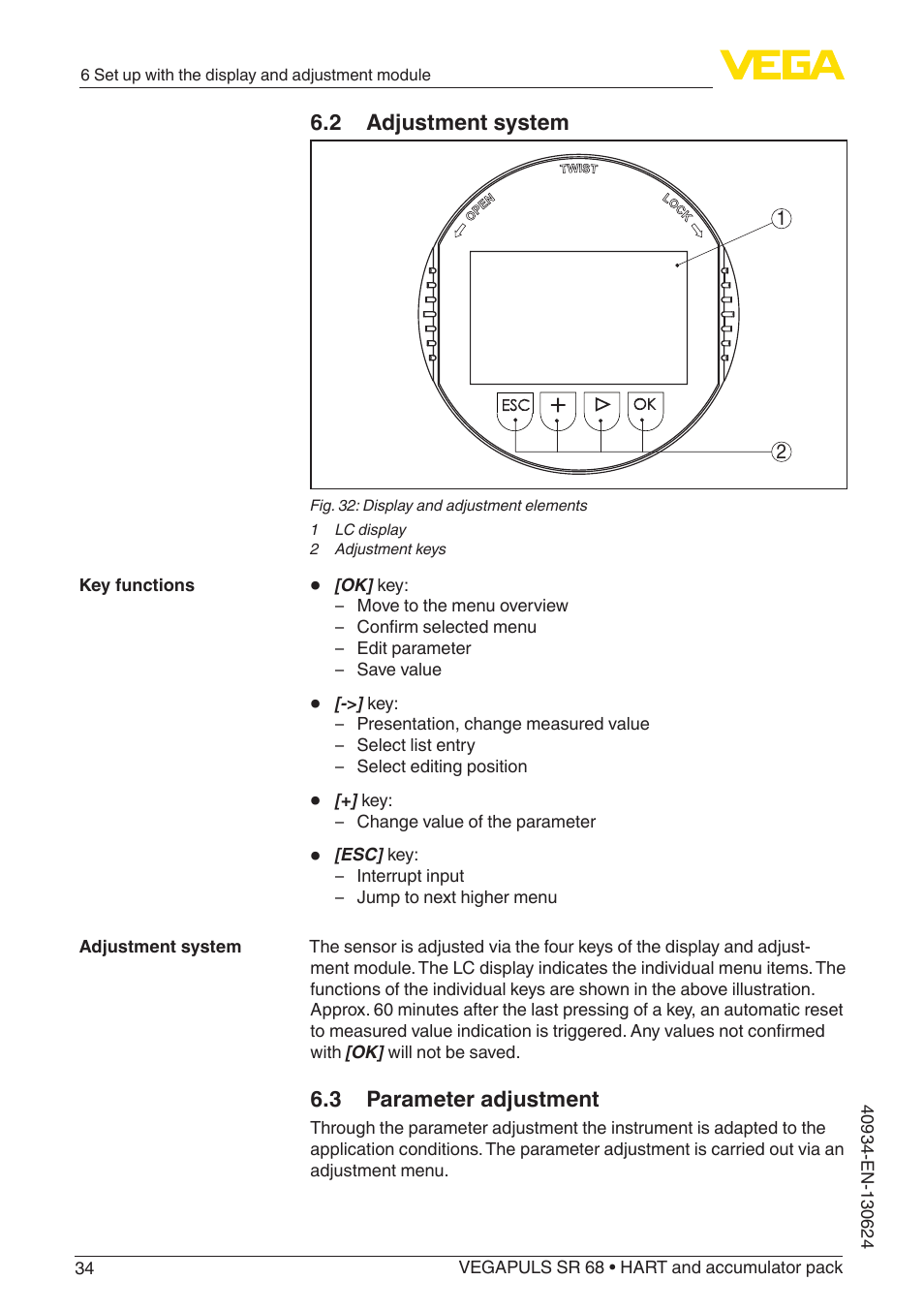 2 adjustment system, 3 parameter adjustment | VEGA VEGAPULS SR 68 HART and accumulator pack User Manual | Page 34 / 76