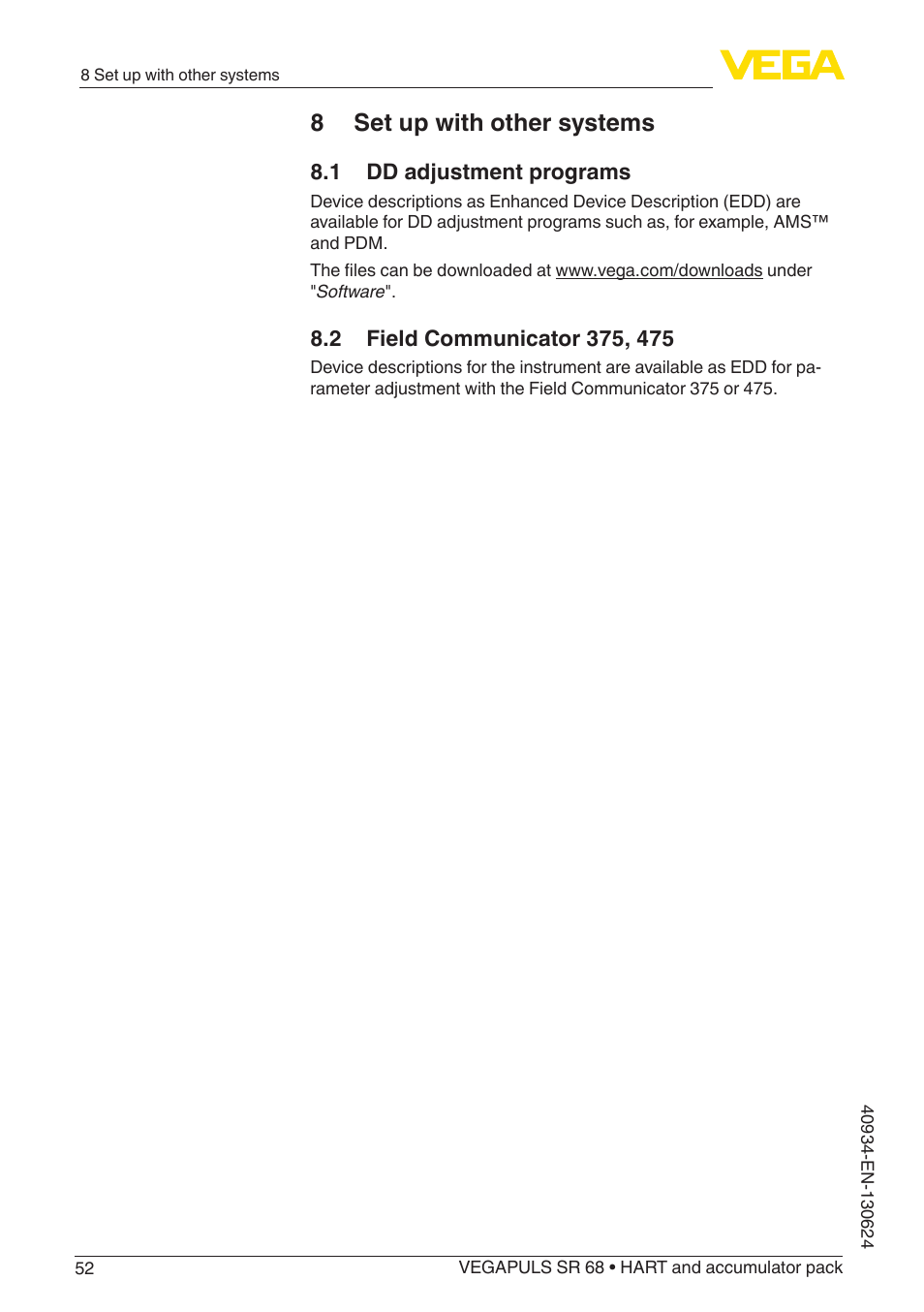8 set up with other systems, 1 dd adjustment programs, 2 field communicator 375, 475 | VEGA VEGAPULS SR 68 HART and accumulator pack User Manual | Page 52 / 76