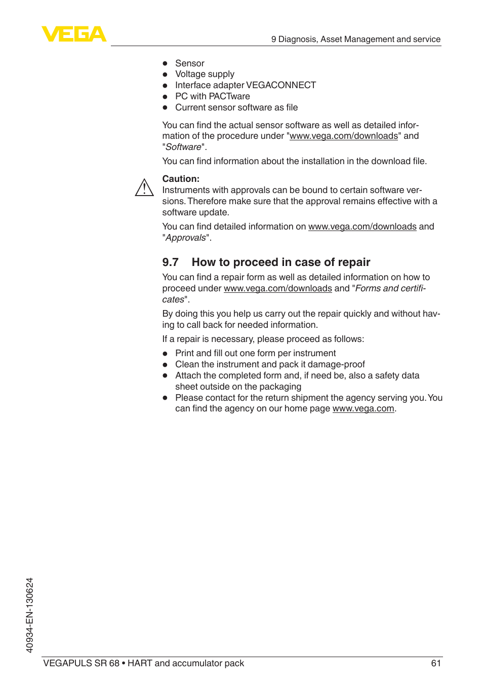 7 how to proceed in case of repair | VEGA VEGAPULS SR 68 HART and accumulator pack User Manual | Page 61 / 76