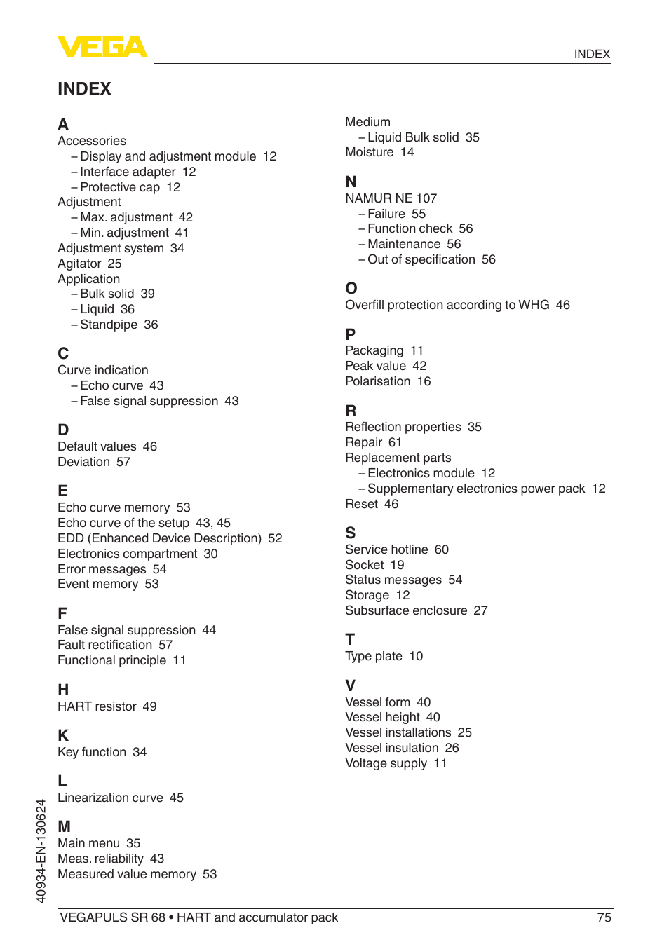 Index | VEGA VEGAPULS SR 68 HART and accumulator pack User Manual | Page 75 / 76