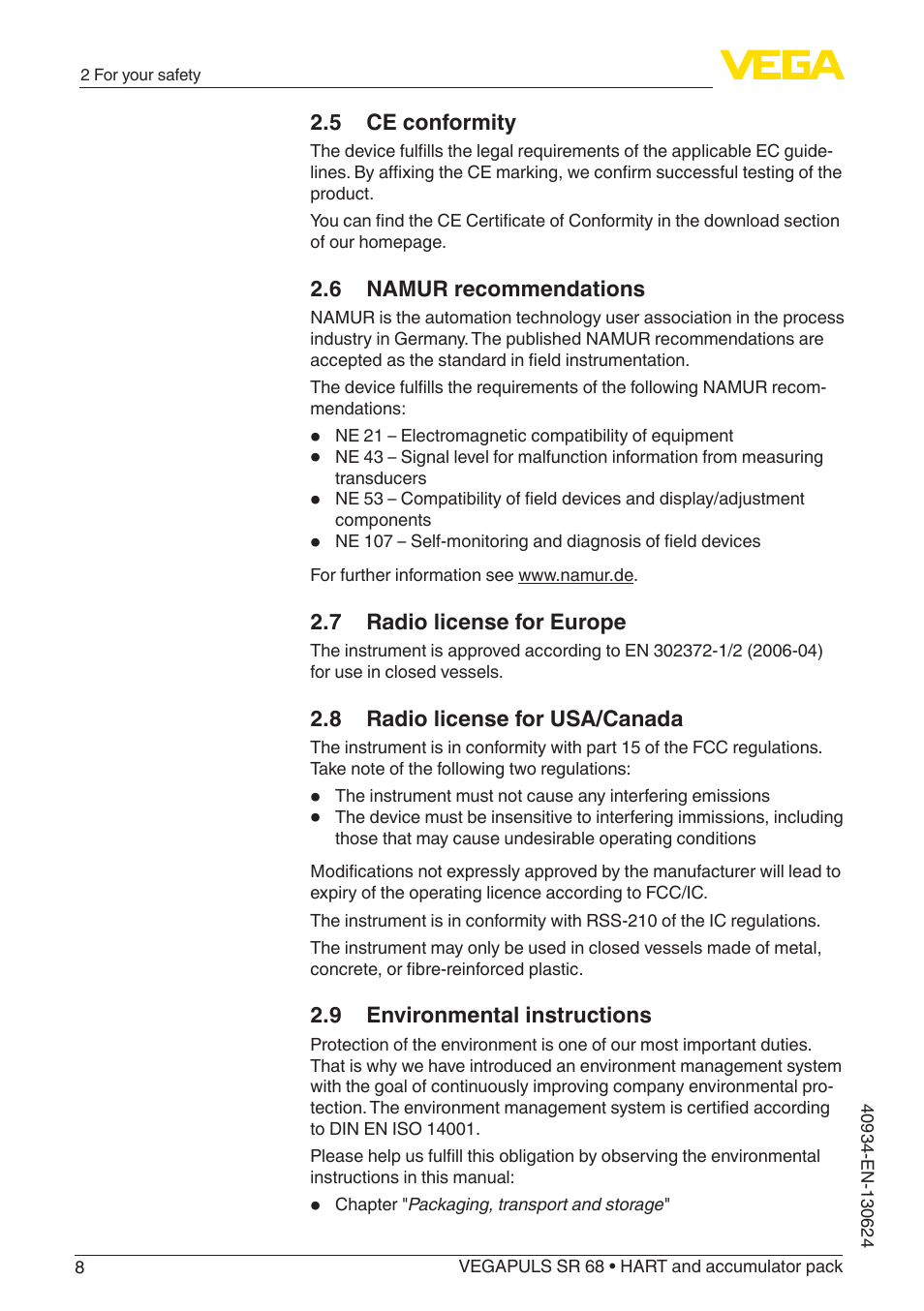 5 ce conformity, 6 namur recommendations, 7 radio license for europe | 8 radio license for usa/canada, 9 environmental instructions | VEGA VEGAPULS SR 68 HART and accumulator pack User Manual | Page 8 / 76