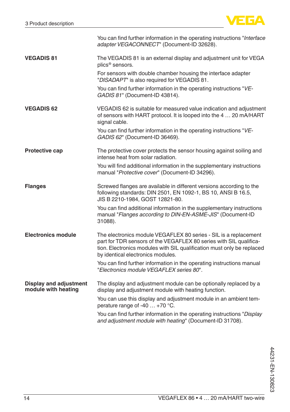 VEGA VEGAFLEX 86 4 … 20 mA_HART two-wire Coax probe With SIL qualification User Manual | Page 14 / 92