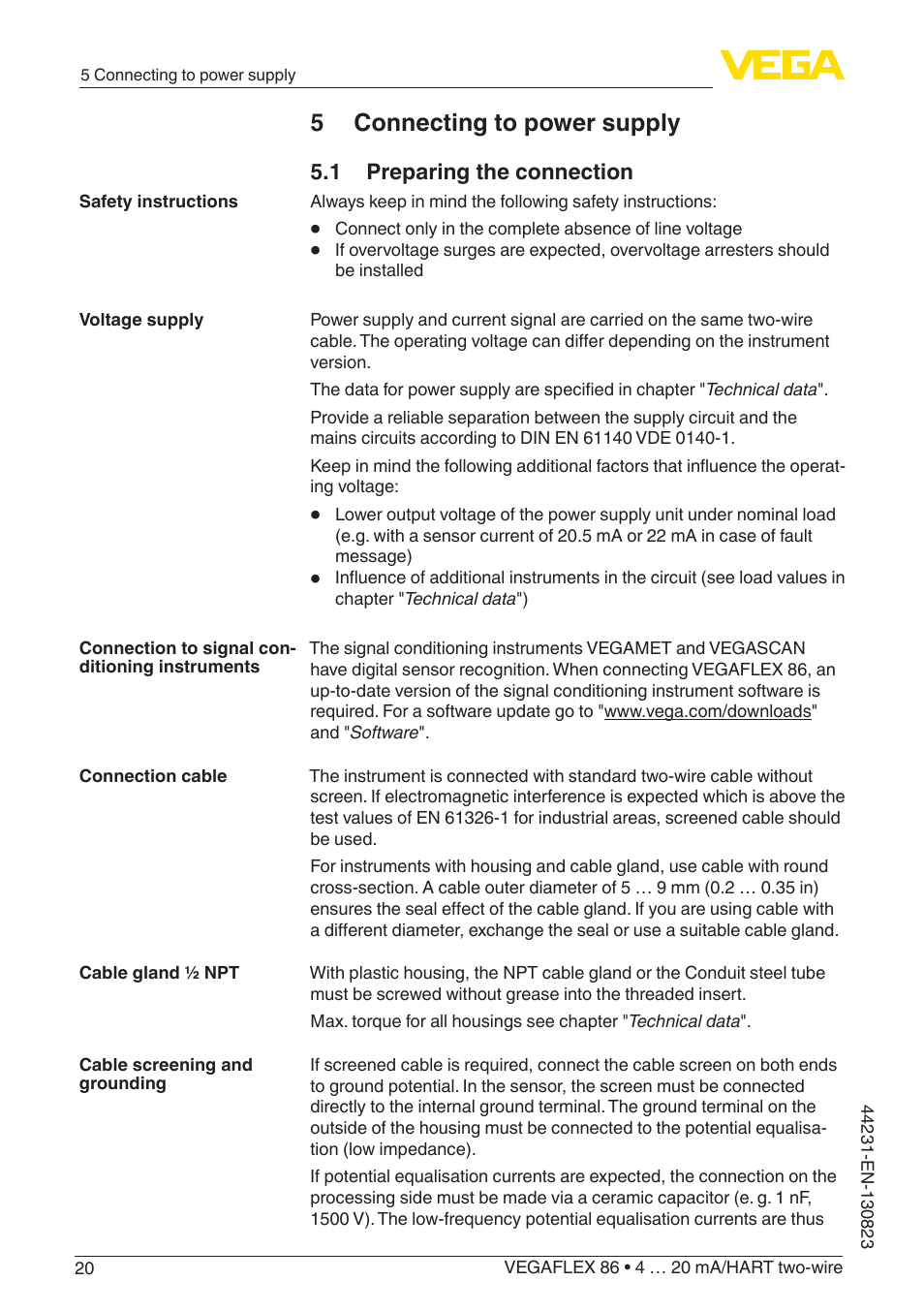 5 connecting to power supply, 1 preparing the connection | VEGA VEGAFLEX 86 4 … 20 mA_HART two-wire Coax probe With SIL qualification User Manual | Page 20 / 92