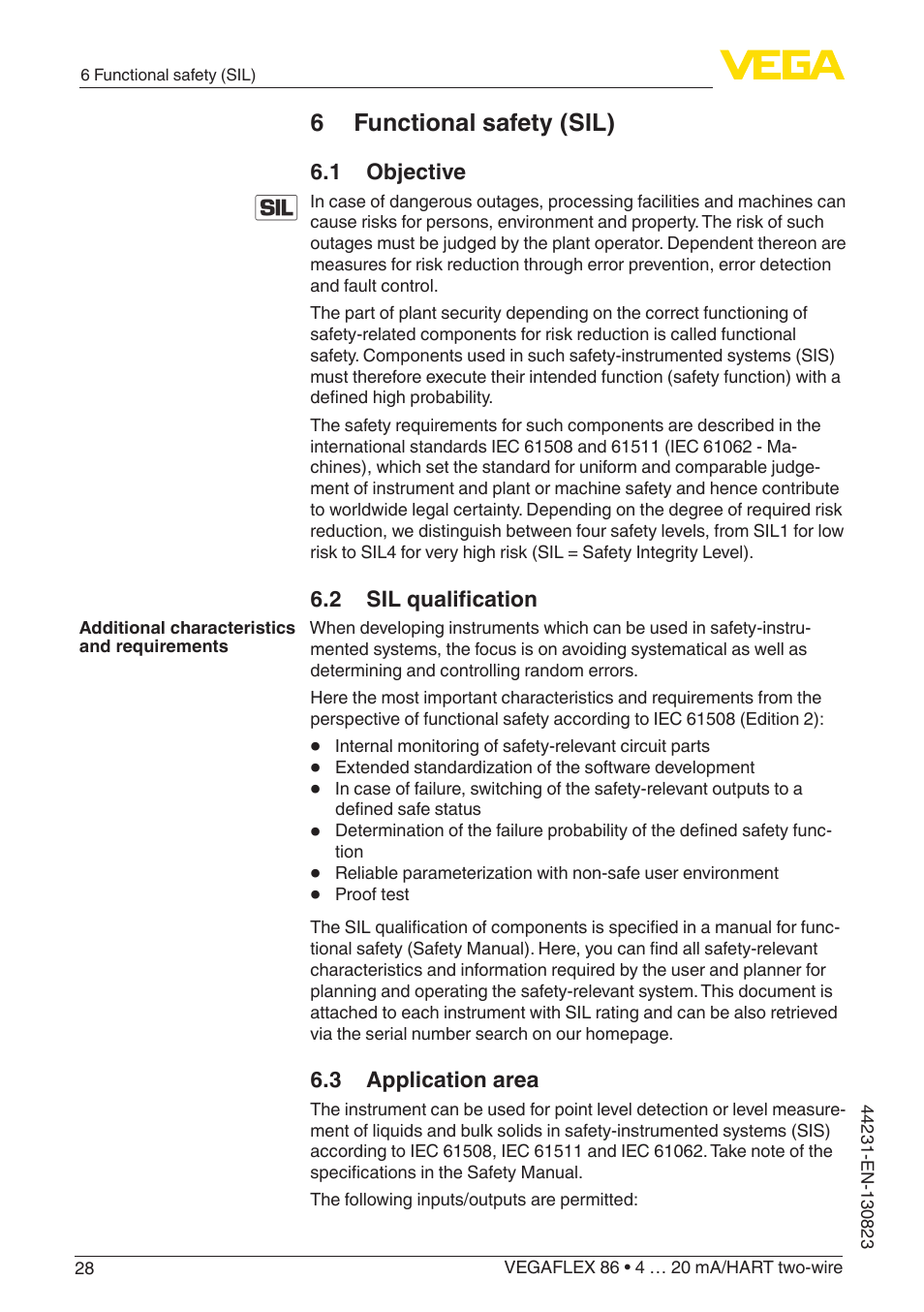 6 functional safety (sil), 1 objective, 2 sil qualification | 3 application area | VEGA VEGAFLEX 86 4 … 20 mA_HART two-wire Coax probe With SIL qualification User Manual | Page 28 / 92