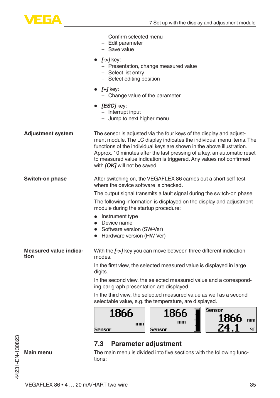 3 parameter adjustment | VEGA VEGAFLEX 86 4 … 20 mA_HART two-wire Coax probe With SIL qualification User Manual | Page 35 / 92