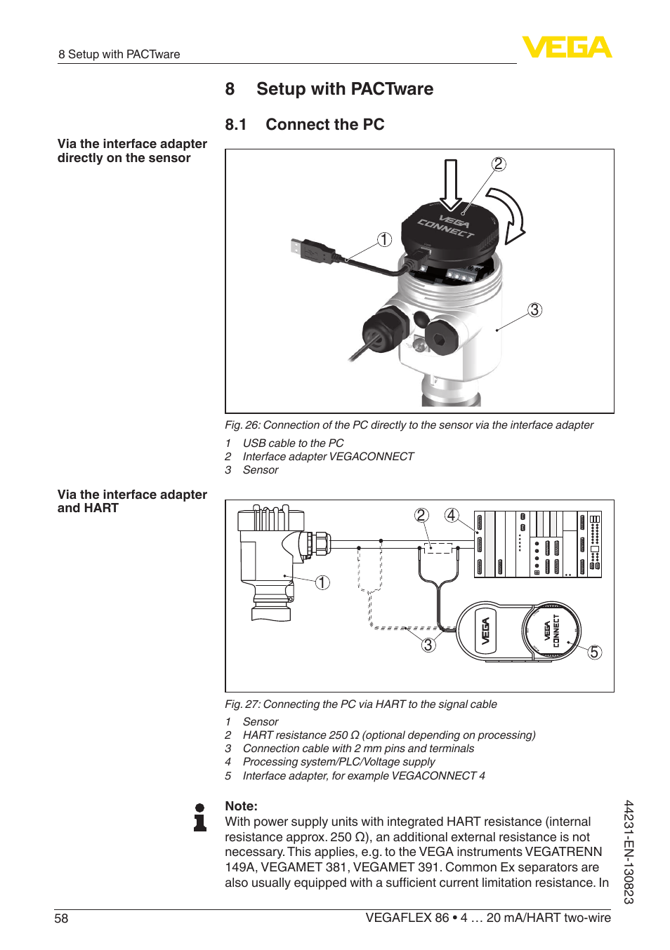 8 setup with pactware, 1 connect the pc | VEGA VEGAFLEX 86 4 … 20 mA_HART two-wire Coax probe With SIL qualification User Manual | Page 58 / 92