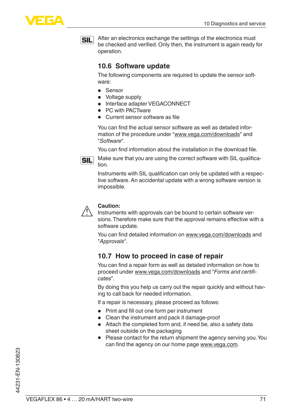 6 software update, 7 how to proceed in case of repair | VEGA VEGAFLEX 86 4 … 20 mA_HART two-wire Coax probe With SIL qualification User Manual | Page 71 / 92