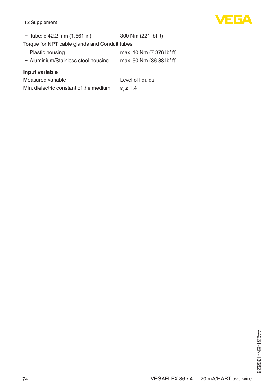 VEGA VEGAFLEX 86 4 … 20 mA_HART two-wire Coax probe With SIL qualification User Manual | Page 74 / 92