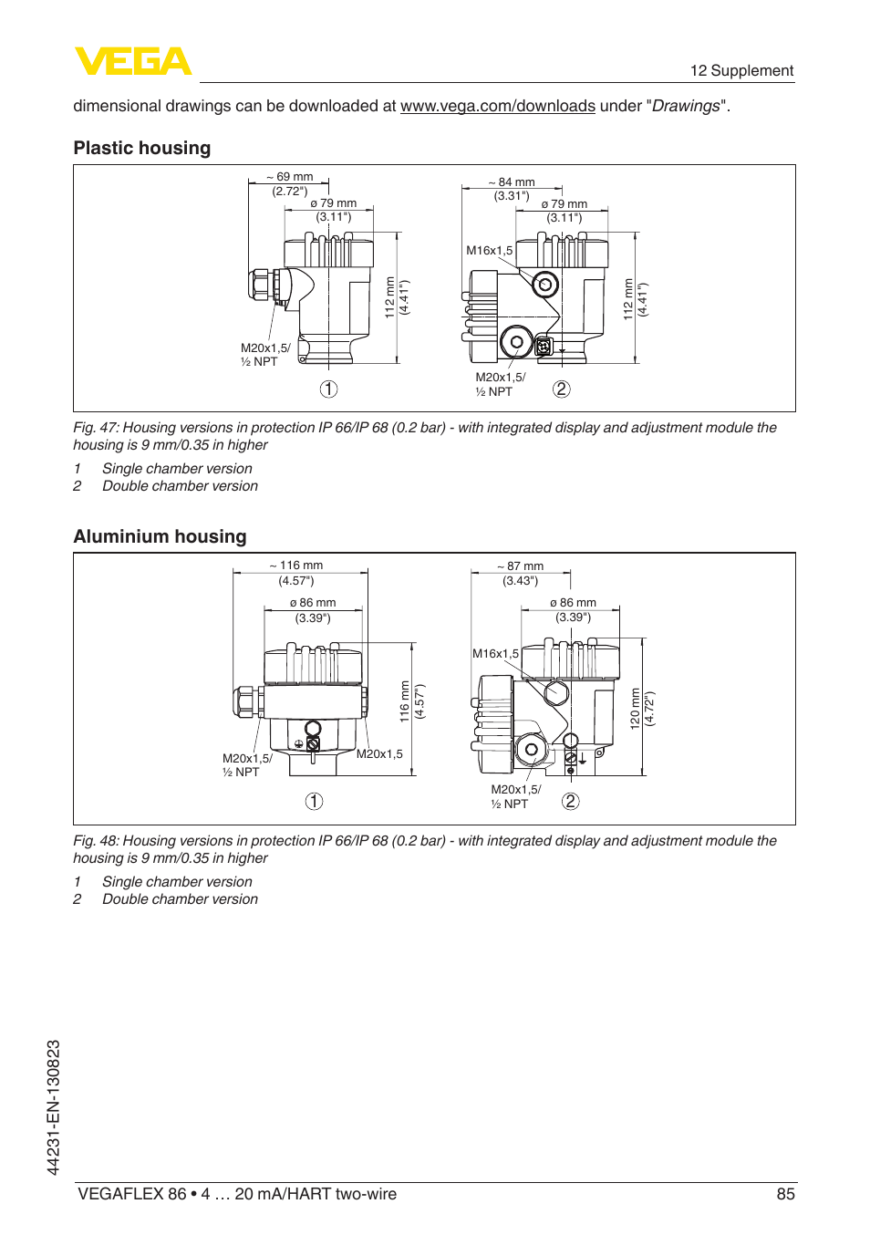 Plastic housing, Aluminium housing | VEGA VEGAFLEX 86 4 … 20 mA_HART two-wire Coax probe With SIL qualification User Manual | Page 85 / 92