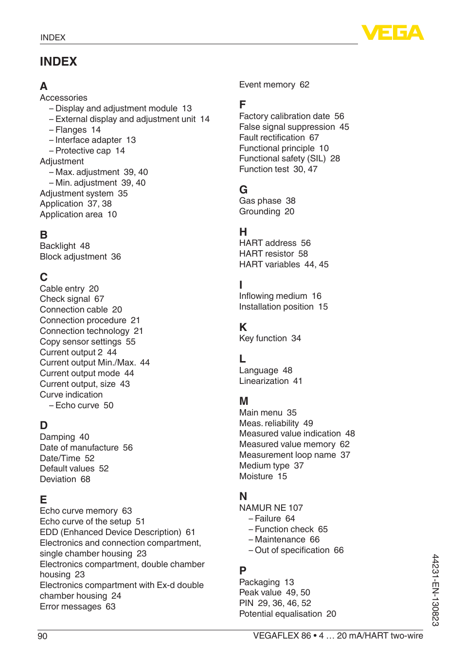 Index | VEGA VEGAFLEX 86 4 … 20 mA_HART two-wire Coax probe With SIL qualification User Manual | Page 90 / 92
