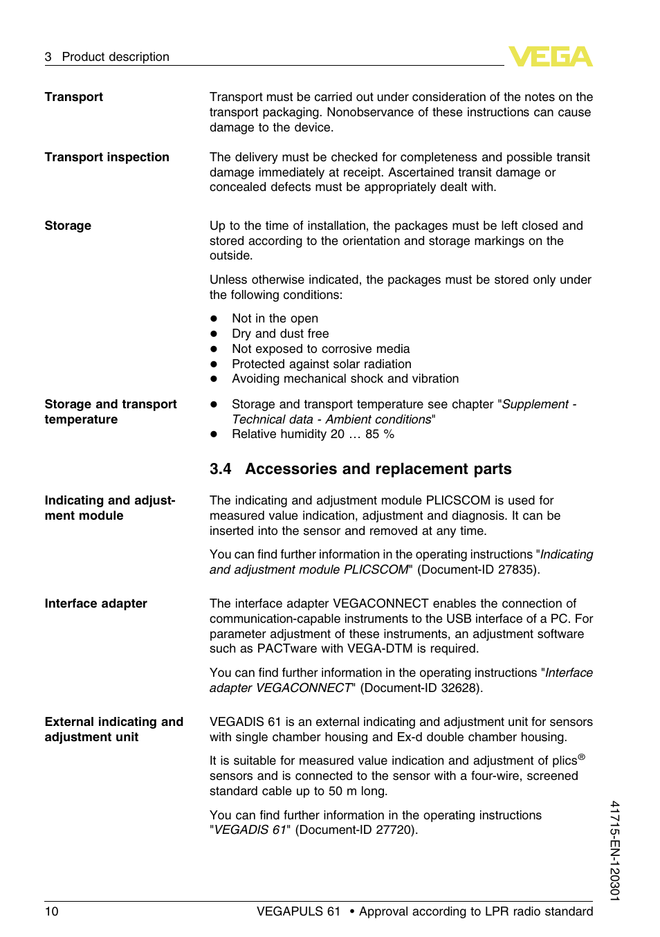 4 accessories and replacement parts | VEGA VEGAPULS 61 (≥ 2.0.0 - ≥ 4.0.0) Profibus PA Approval according to LPR radio standard User Manual | Page 10 / 92