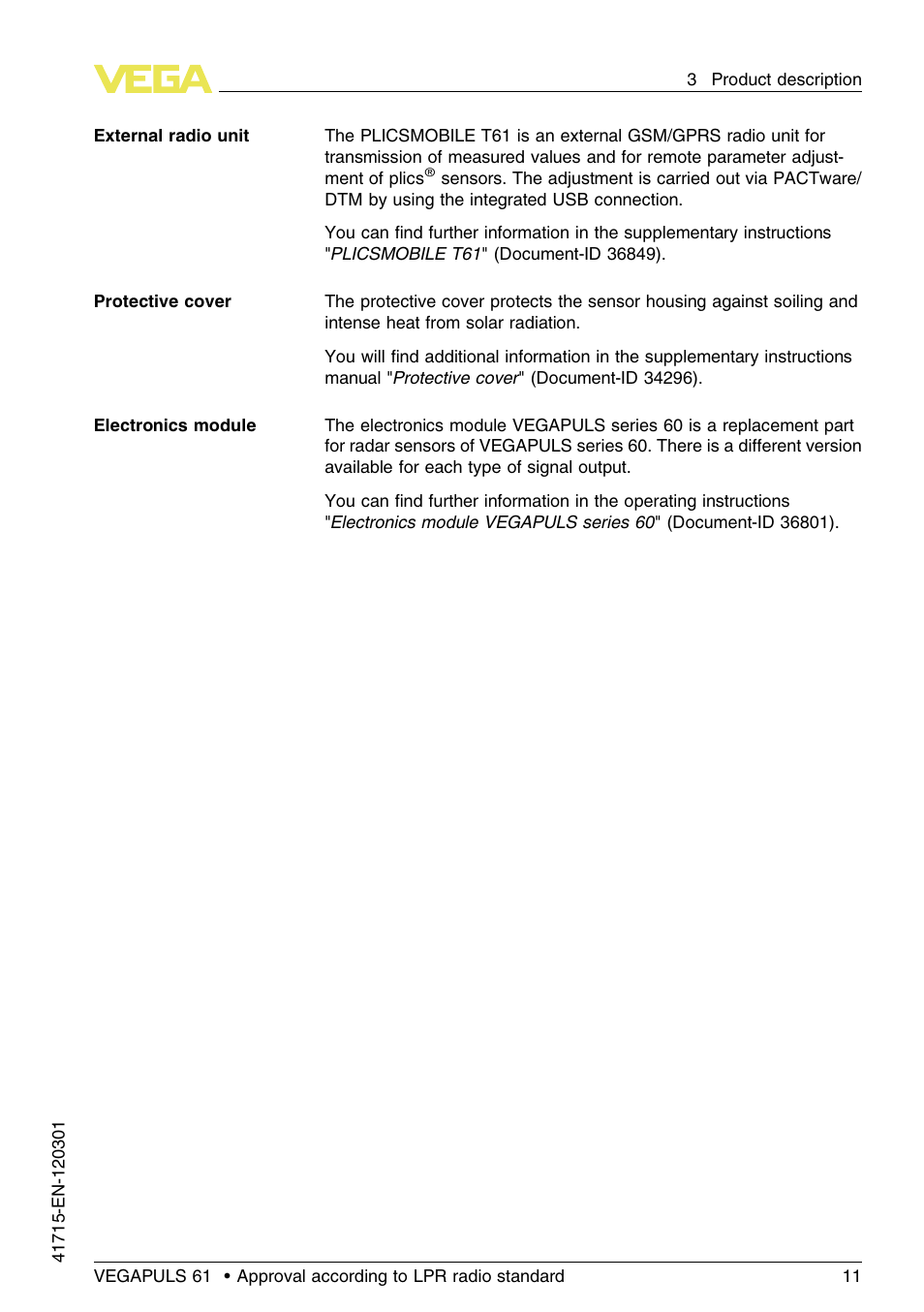 VEGA VEGAPULS 61 (≥ 2.0.0 - ≥ 4.0.0) Profibus PA Approval according to LPR radio standard User Manual | Page 11 / 92