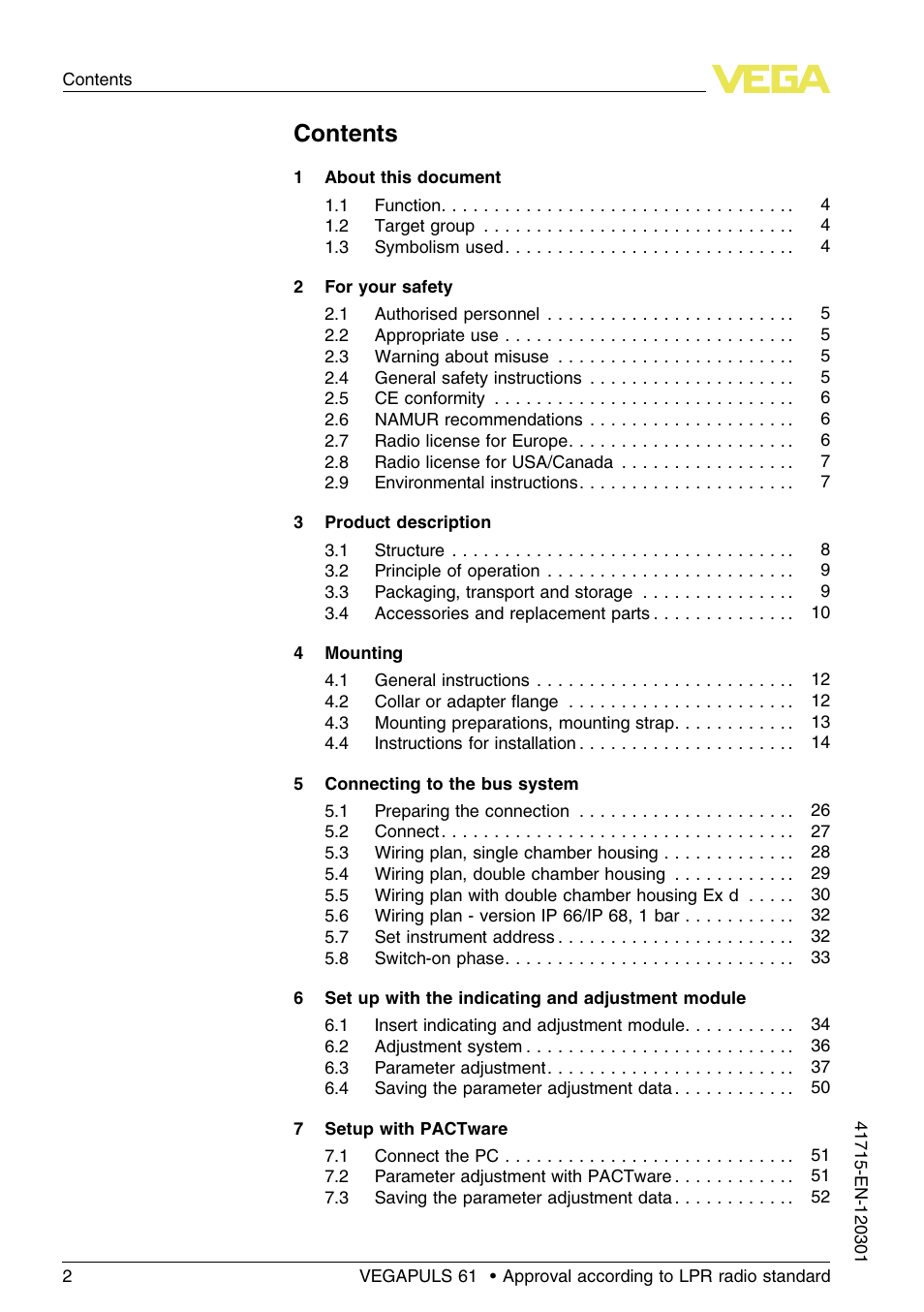 VEGA VEGAPULS 61 (≥ 2.0.0 - ≥ 4.0.0) Profibus PA Approval according to LPR radio standard User Manual | Page 2 / 92