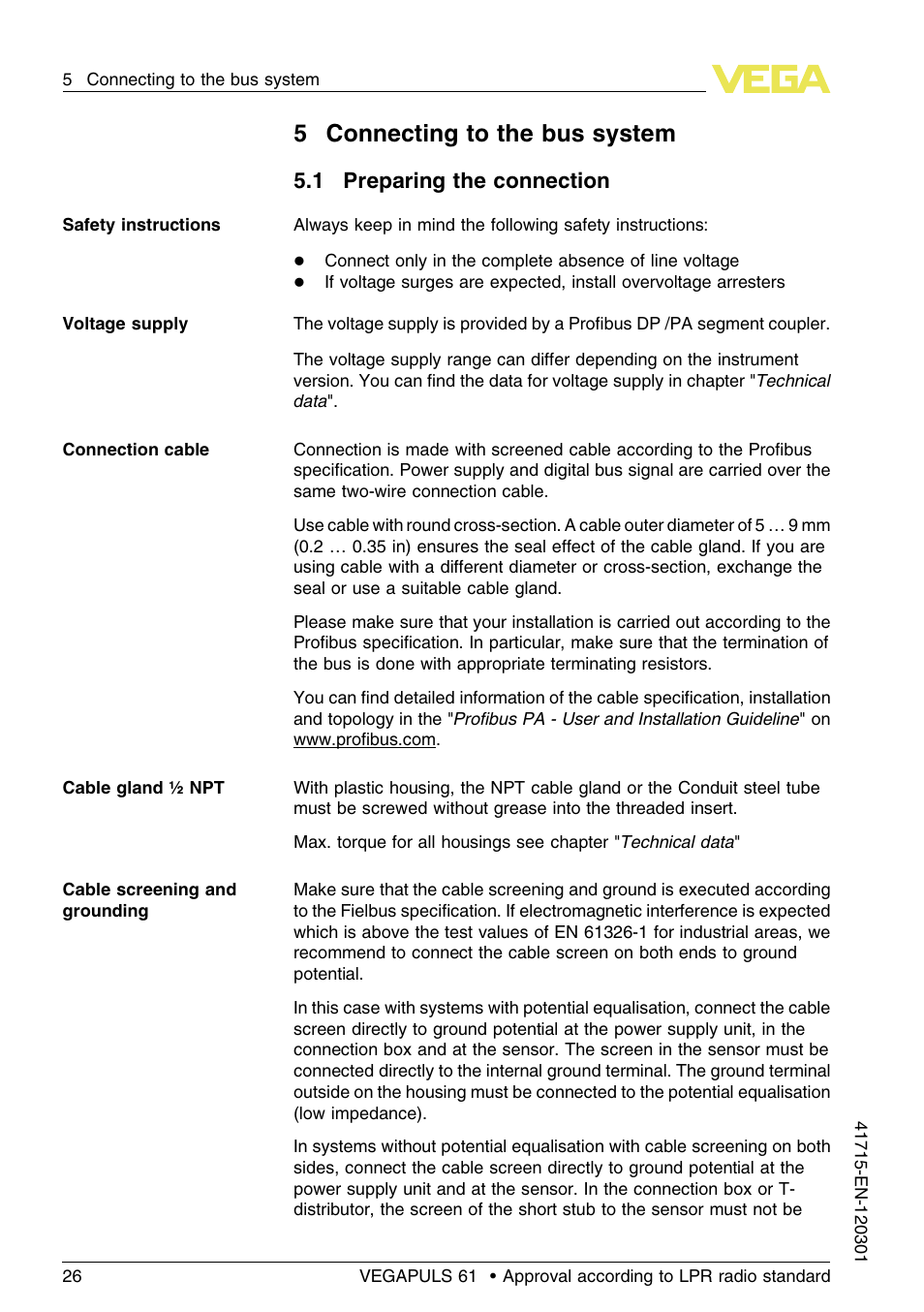 5 connecting to the bus system, 1 preparing the connection, 5connecting to the bus system | VEGA VEGAPULS 61 (≥ 2.0.0 - ≥ 4.0.0) Profibus PA Approval according to LPR radio standard User Manual | Page 26 / 92