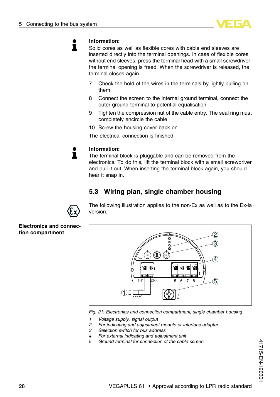 3 wiring plan, single chamber housing | VEGA VEGAPULS 61 (≥ 2.0.0 - ≥ 4.0.0) Profibus PA Approval according to LPR radio standard User Manual | Page 28 / 92