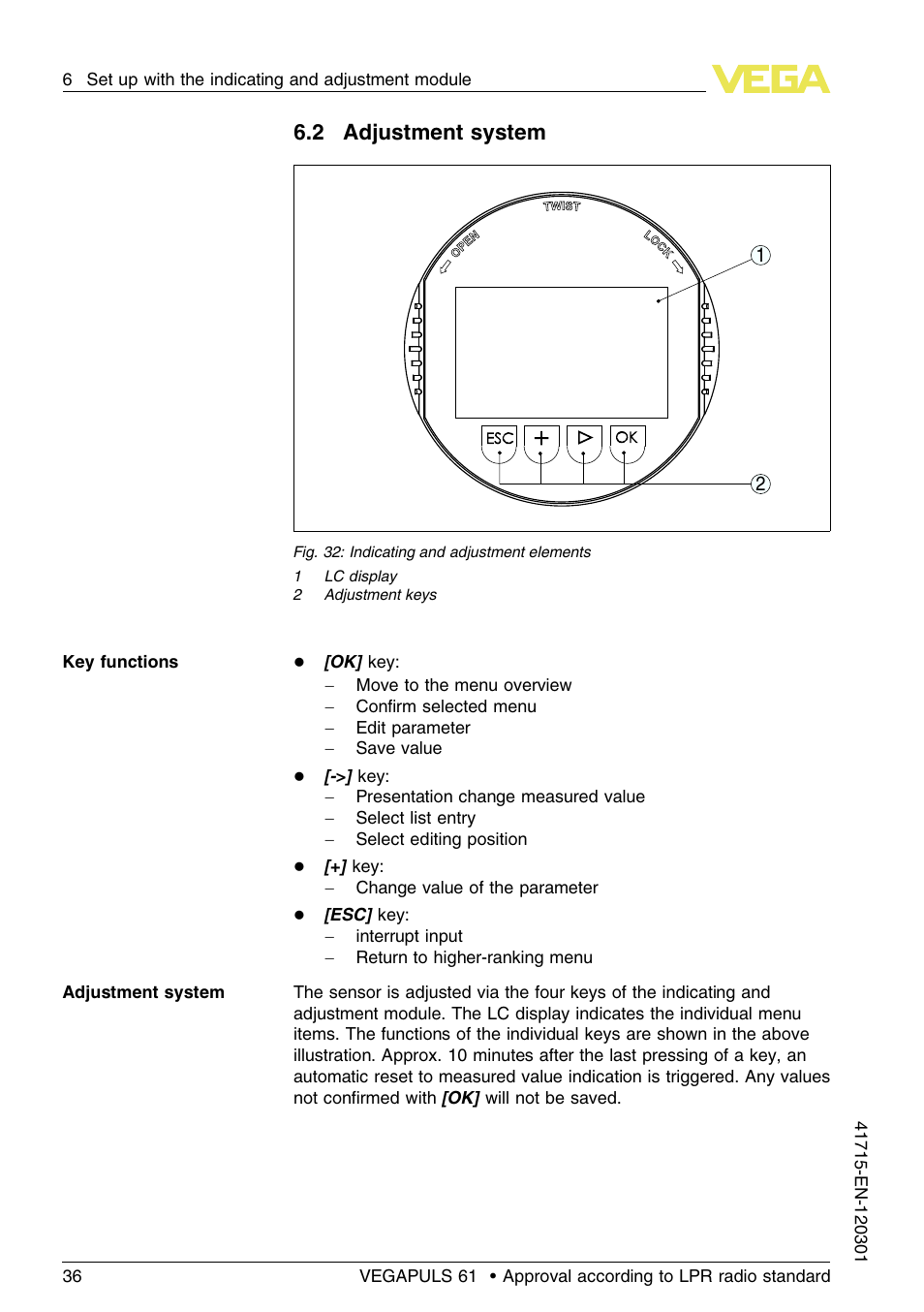 2 adjustment system | VEGA VEGAPULS 61 (≥ 2.0.0 - ≥ 4.0.0) Profibus PA Approval according to LPR radio standard User Manual | Page 36 / 92