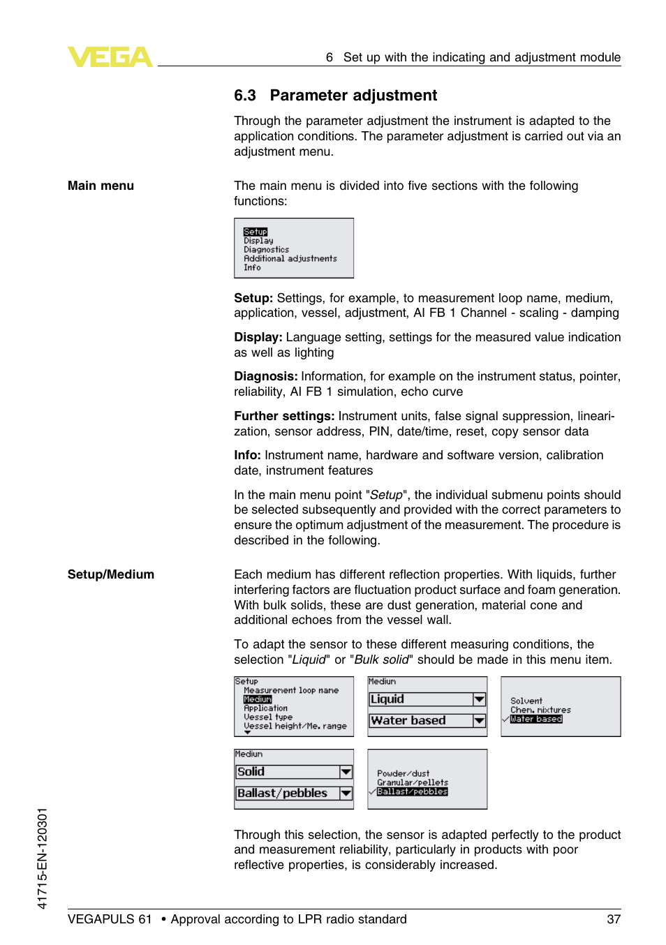 3 parameter adjustment | VEGA VEGAPULS 61 (≥ 2.0.0 - ≥ 4.0.0) Profibus PA Approval according to LPR radio standard User Manual | Page 37 / 92