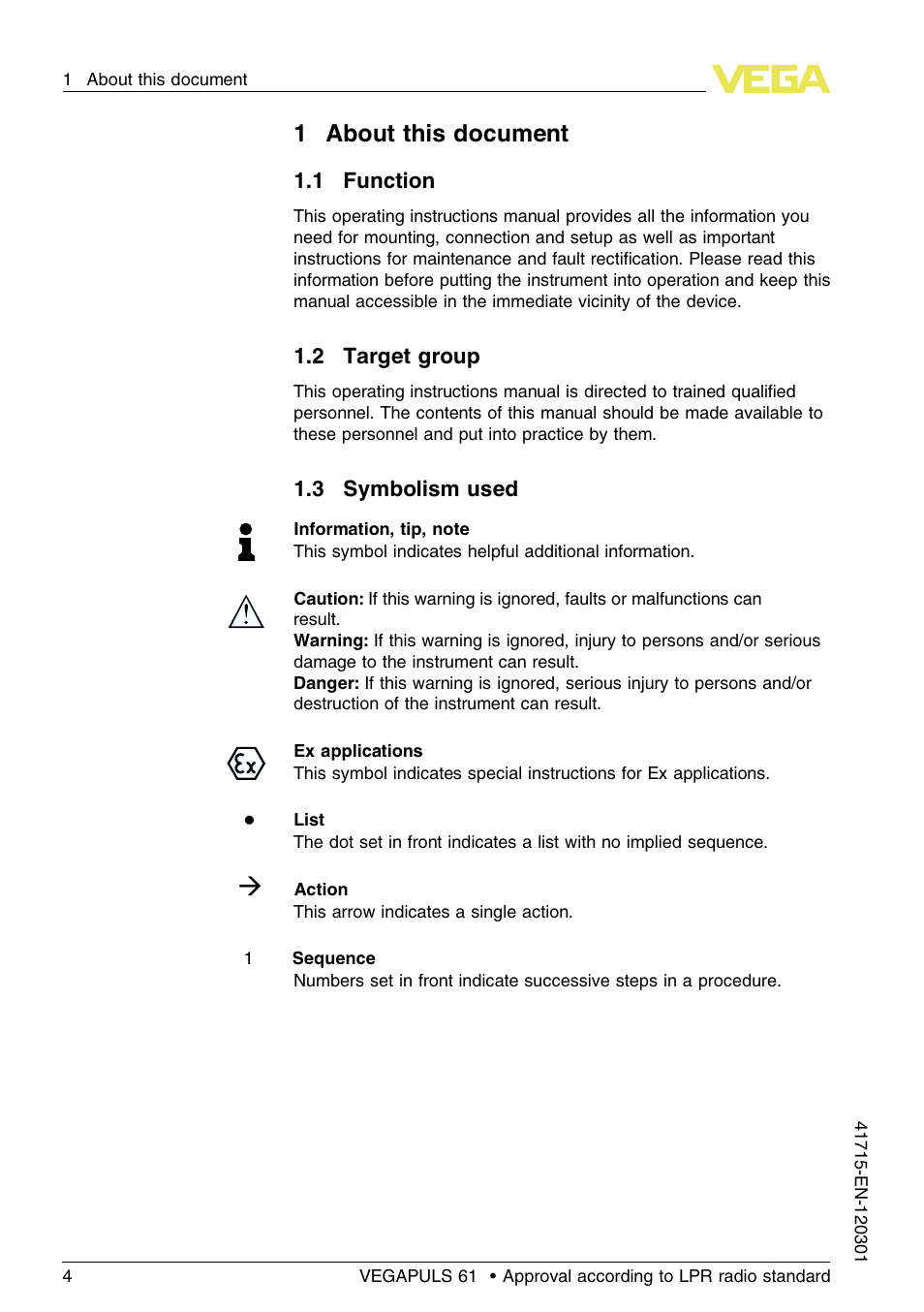 3 symbolism used, 1about this document | VEGA VEGAPULS 61 (≥ 2.0.0 - ≥ 4.0.0) Profibus PA Approval according to LPR radio standard User Manual | Page 4 / 92