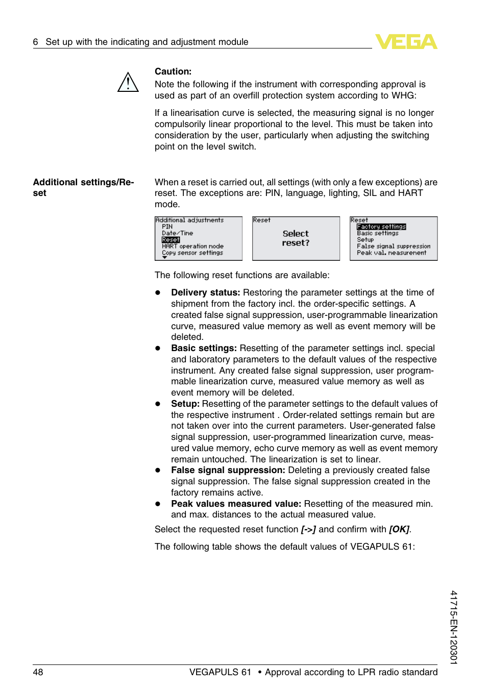 VEGA VEGAPULS 61 (≥ 2.0.0 - ≥ 4.0.0) Profibus PA Approval according to LPR radio standard User Manual | Page 48 / 92