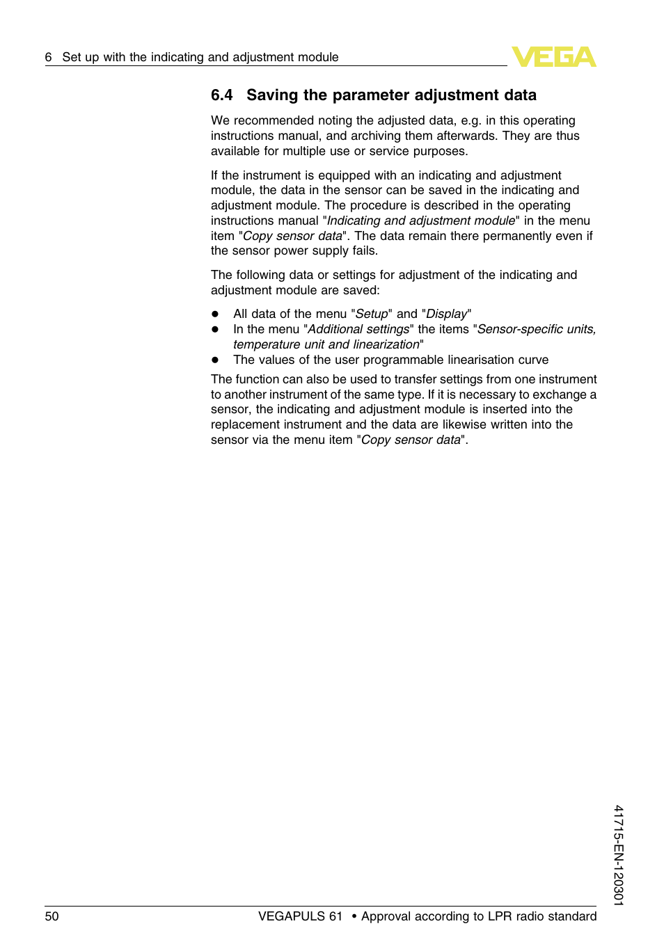 4 saving the parameter adjustment data | VEGA VEGAPULS 61 (≥ 2.0.0 - ≥ 4.0.0) Profibus PA Approval according to LPR radio standard User Manual | Page 50 / 92