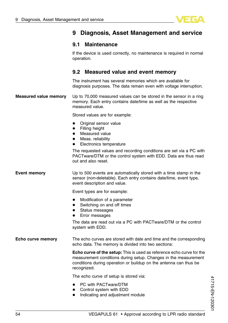9 diagnosis, asset management and service, 1 maintenance, 2 measured value and event memory | 9diagnosis, asset management and service | VEGA VEGAPULS 61 (≥ 2.0.0 - ≥ 4.0.0) Profibus PA Approval according to LPR radio standard User Manual | Page 54 / 92