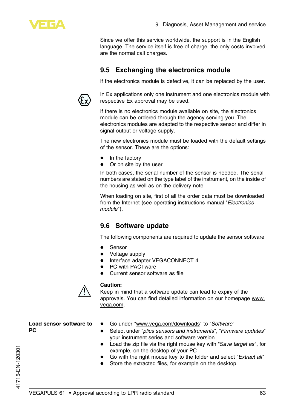 5 exchanging the electronics module, 6 software update | VEGA VEGAPULS 61 (≥ 2.0.0 - ≥ 4.0.0) Profibus PA Approval according to LPR radio standard User Manual | Page 63 / 92