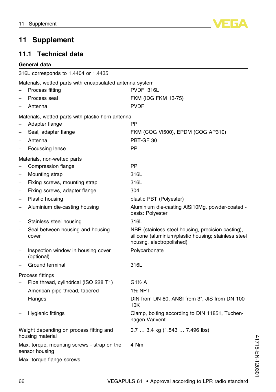 11 supplement, 1 technical data, 11 .1 technical data | VEGA VEGAPULS 61 (≥ 2.0.0 - ≥ 4.0.0) Profibus PA Approval according to LPR radio standard User Manual | Page 66 / 92