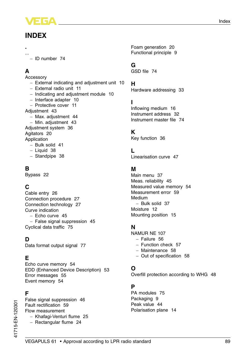 Index | VEGA VEGAPULS 61 (≥ 2.0.0 - ≥ 4.0.0) Profibus PA Approval according to LPR radio standard User Manual | Page 89 / 92