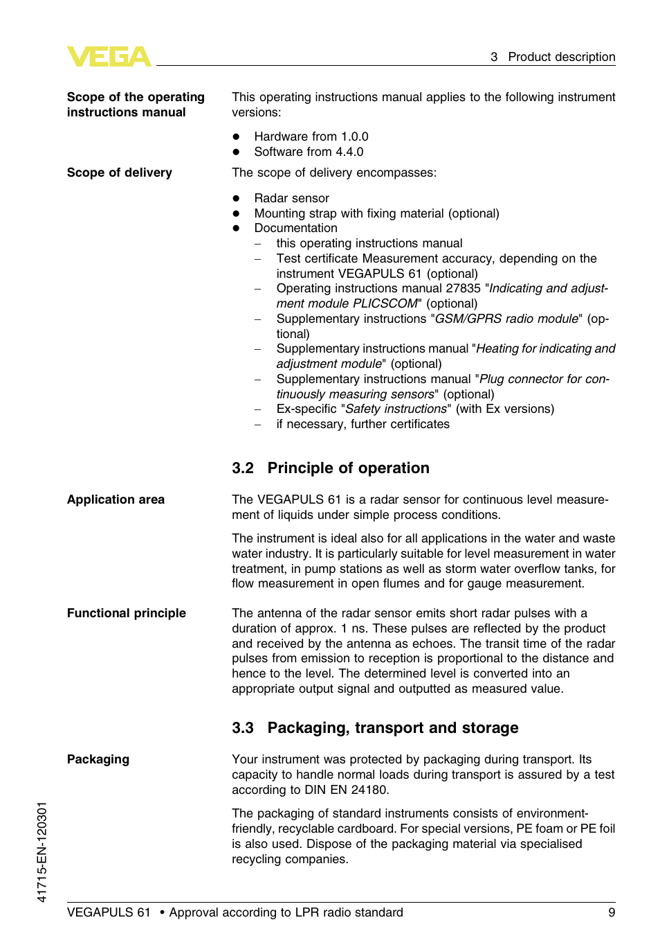 2 principle of operation, 3 packaging, transport and storage | VEGA VEGAPULS 61 (≥ 2.0.0 - ≥ 4.0.0) Profibus PA Approval according to LPR radio standard User Manual | Page 9 / 92