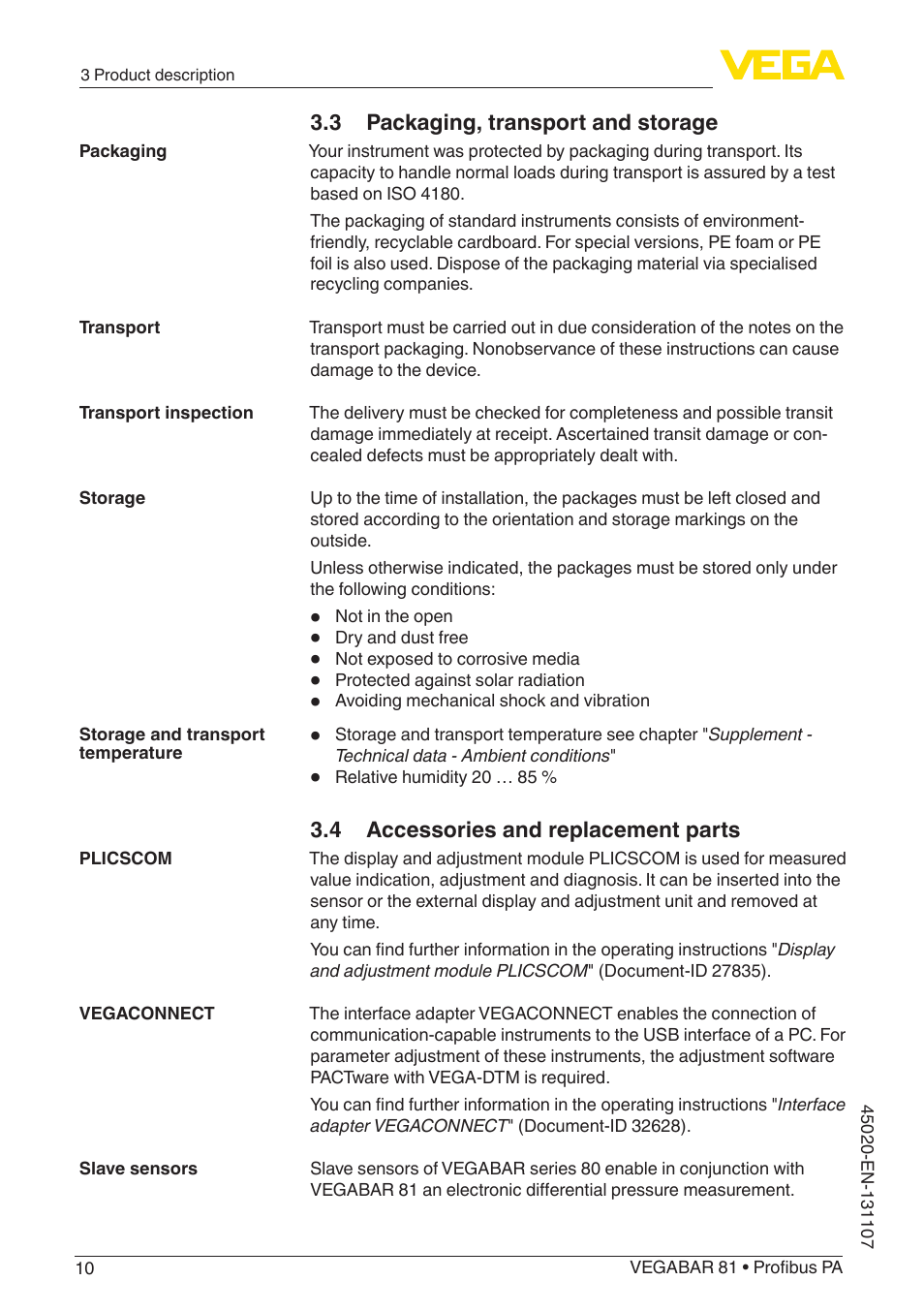 3 packaging, transport and storage, 4 accessories and replacement parts | VEGA VEGABAR 81 Profibus PA - Operating Instructions User Manual | Page 10 / 84