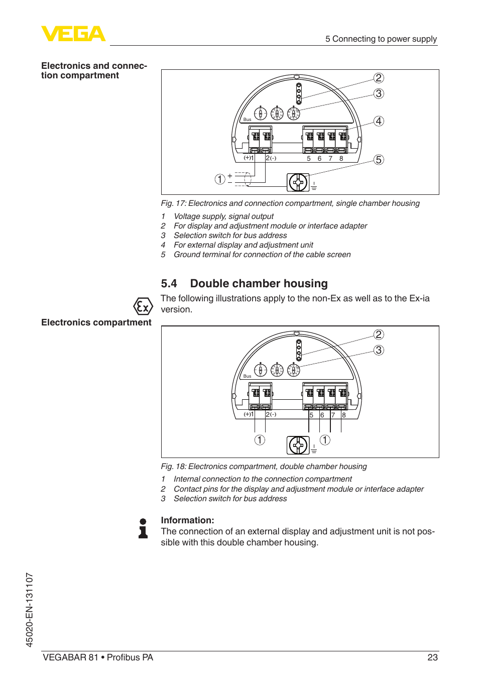 4 double chamber housing, 5 connecting to power supply | VEGA VEGABAR 81 Profibus PA - Operating Instructions User Manual | Page 23 / 84