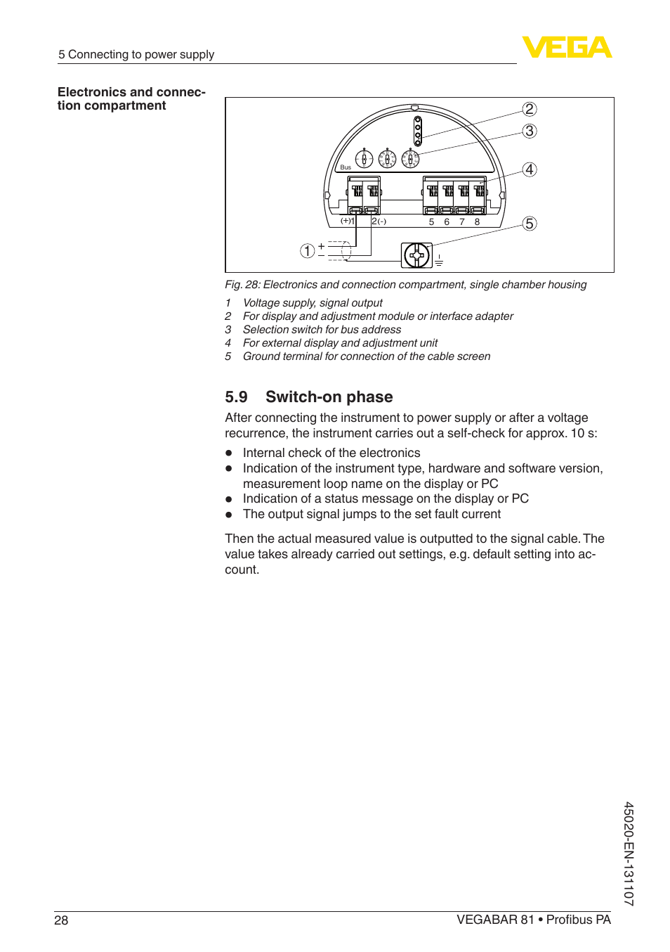 9 switch-on phase, Internal check of the electronics, 5 connecting to power supply | VEGA VEGABAR 81 Profibus PA - Operating Instructions User Manual | Page 28 / 84