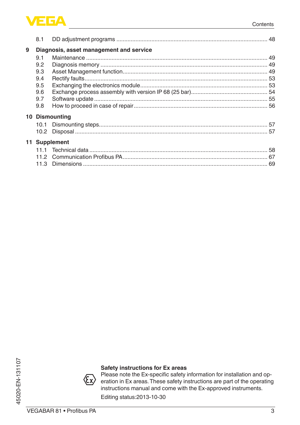 VEGA VEGABAR 81 Profibus PA - Operating Instructions User Manual | Page 3 / 84