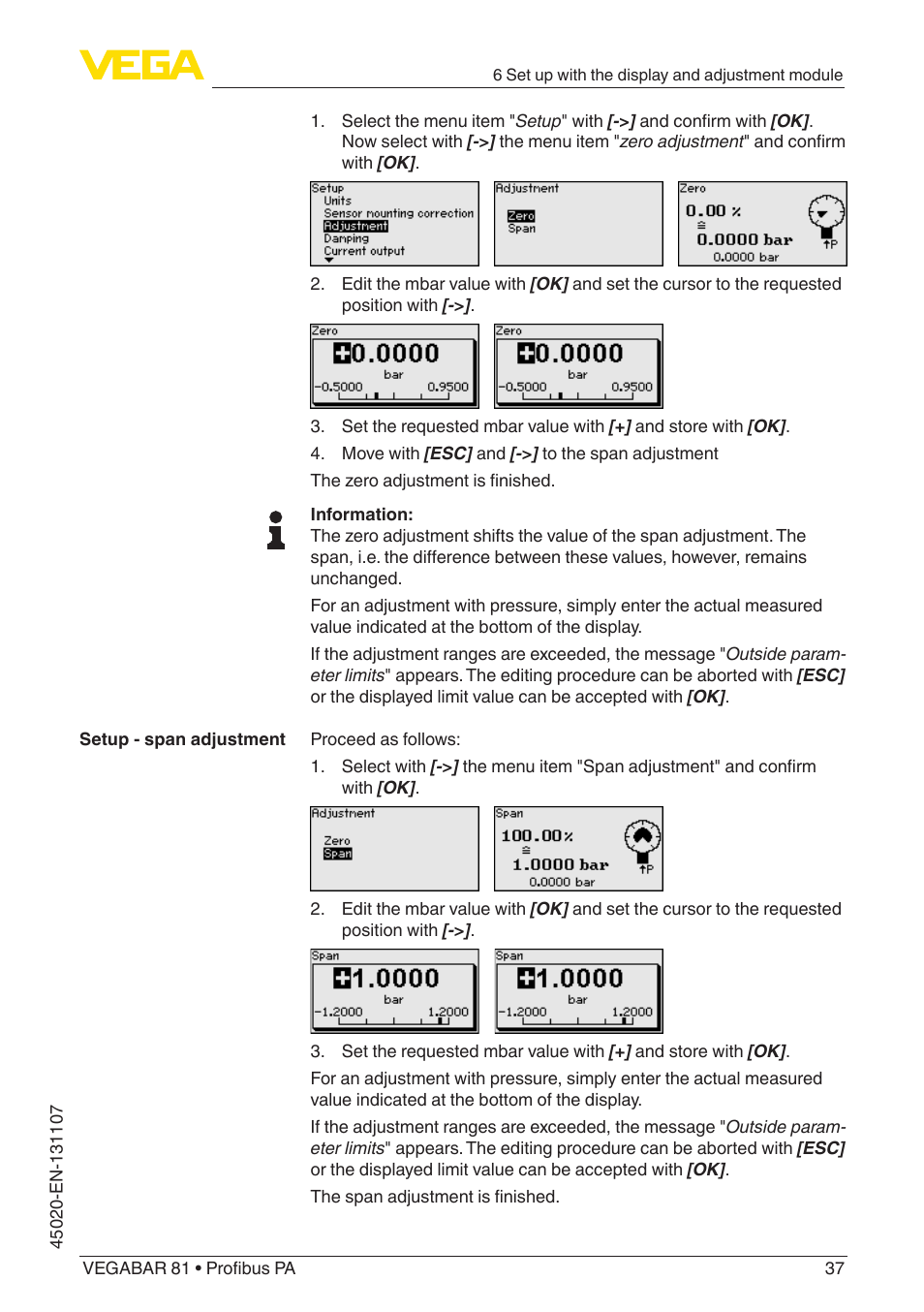 VEGA VEGABAR 81 Profibus PA - Operating Instructions User Manual | Page 37 / 84