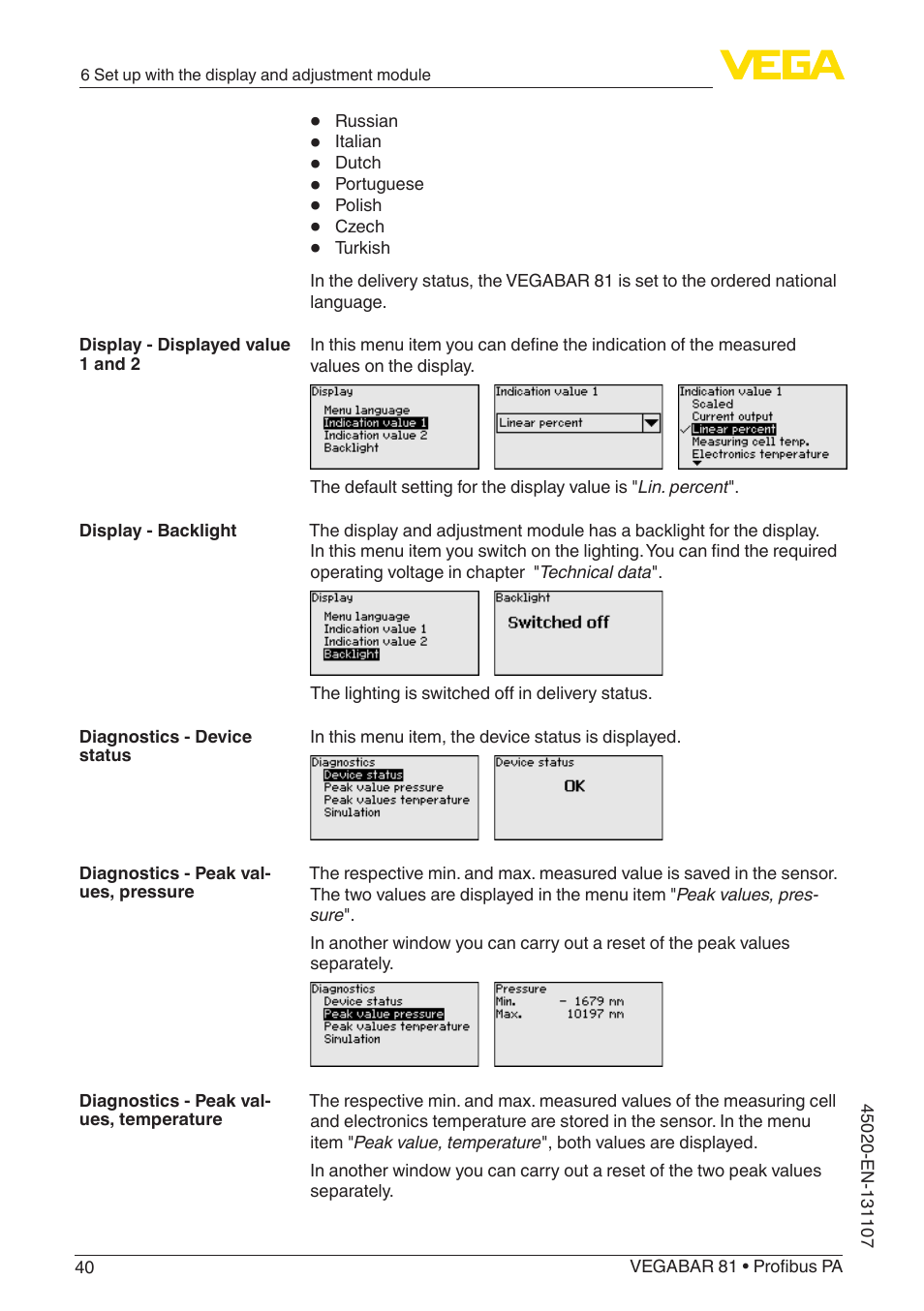 VEGA VEGABAR 81 Profibus PA - Operating Instructions User Manual | Page 40 / 84