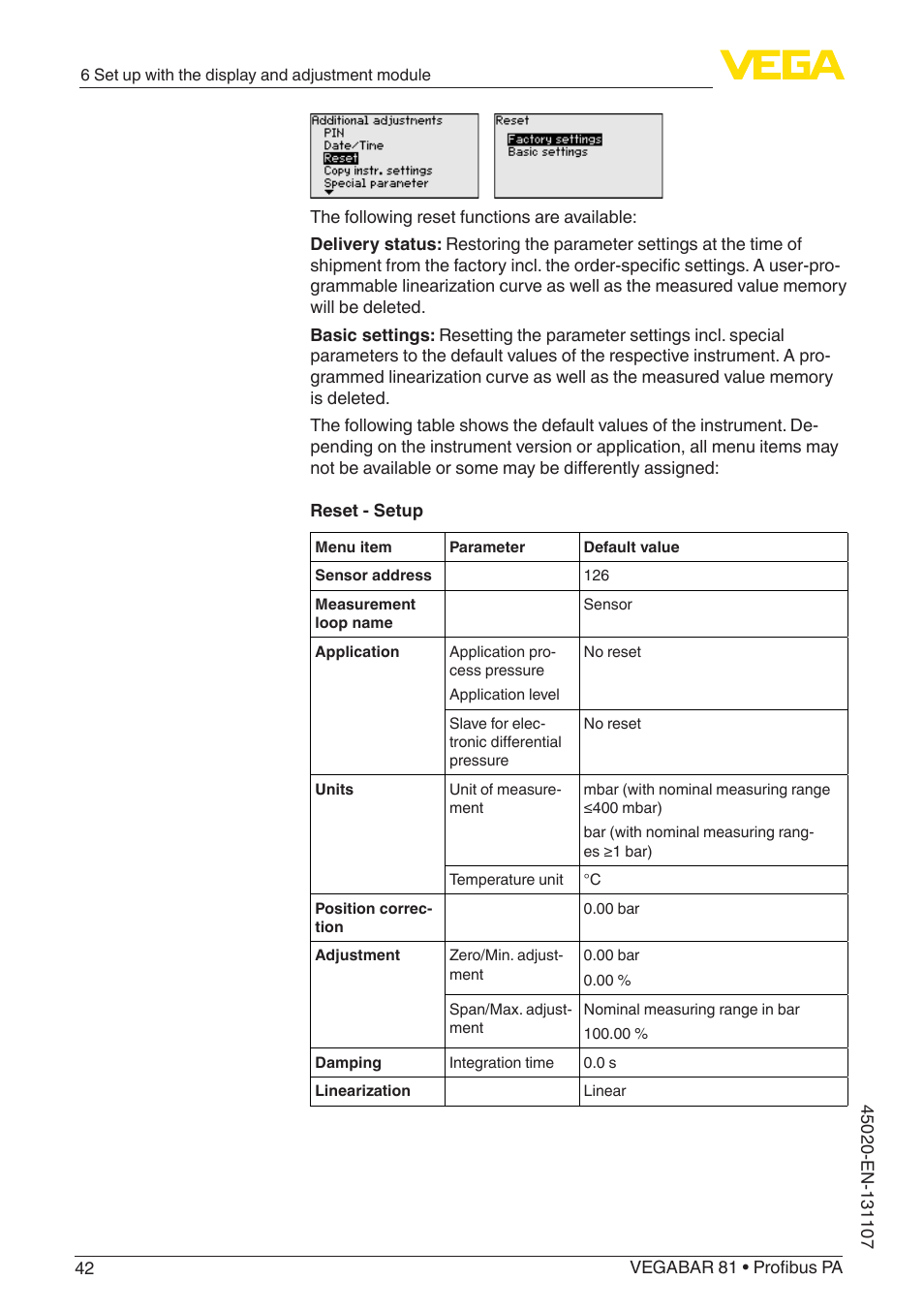 VEGA VEGABAR 81 Profibus PA - Operating Instructions User Manual | Page 42 / 84