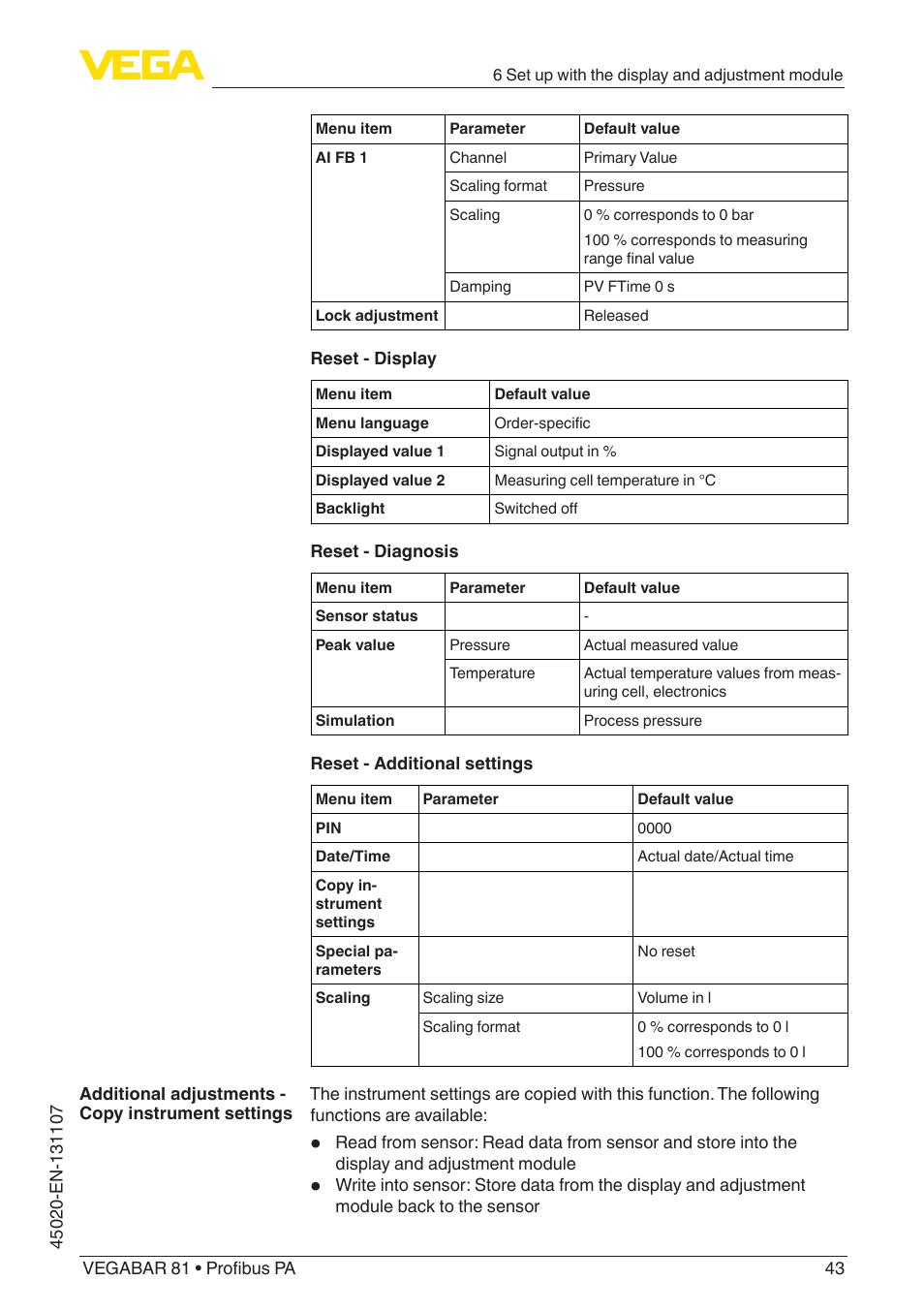 VEGA VEGABAR 81 Profibus PA - Operating Instructions User Manual | Page 43 / 84