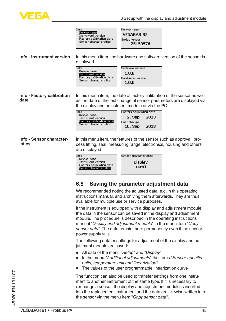5 saving the parameter adjustment data | VEGA VEGABAR 81 Profibus PA - Operating Instructions User Manual | Page 45 / 84