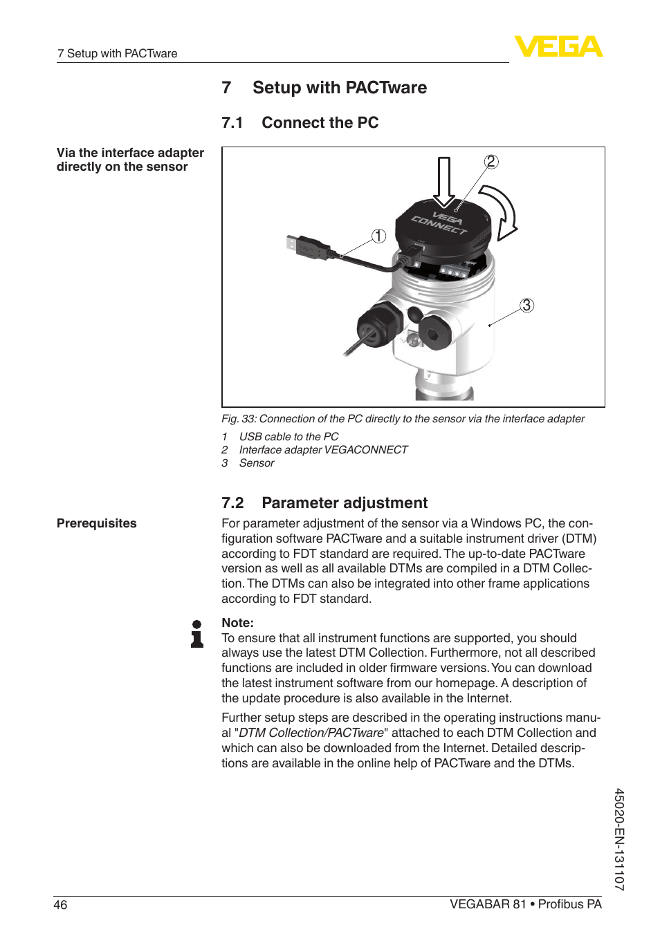 7 setup with pactware, 1 connect the pc, 2 parameter adjustment | VEGA VEGABAR 81 Profibus PA - Operating Instructions User Manual | Page 46 / 84