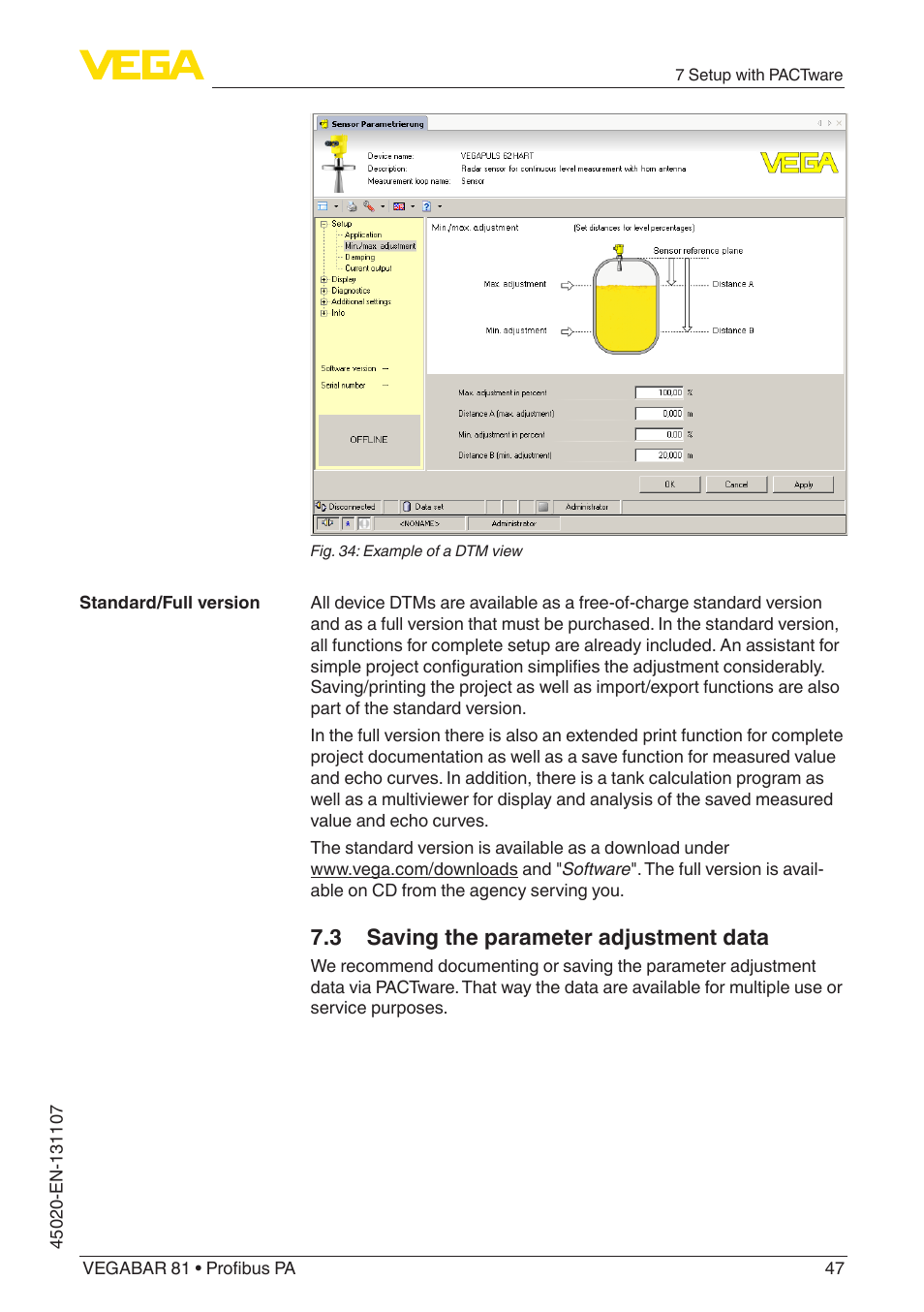 3 saving the parameter adjustment data | VEGA VEGABAR 81 Profibus PA - Operating Instructions User Manual | Page 47 / 84