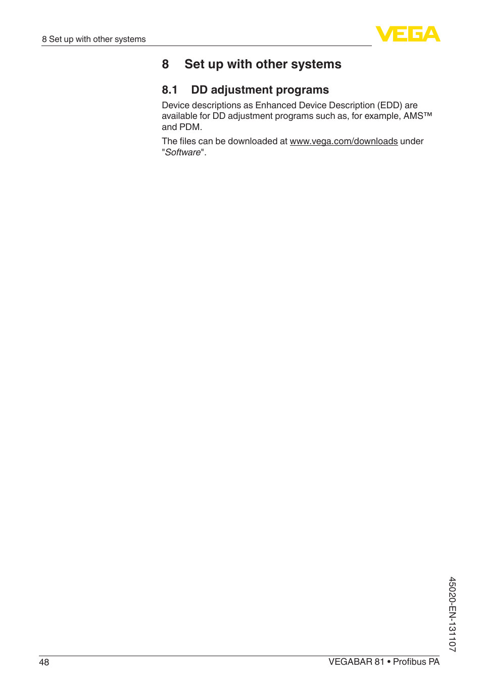 8 set up with other systems, 1 dd adjustment programs | VEGA VEGABAR 81 Profibus PA - Operating Instructions User Manual | Page 48 / 84