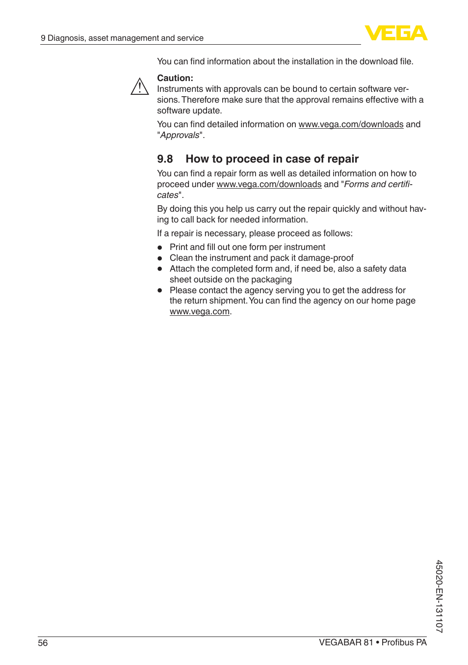 8 how to proceed in case of repair | VEGA VEGABAR 81 Profibus PA - Operating Instructions User Manual | Page 56 / 84