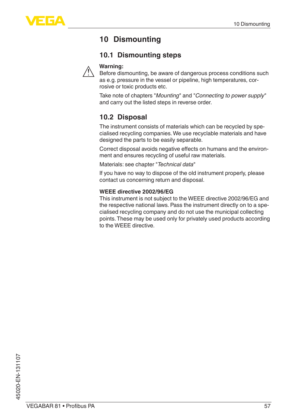 10 dismounting, 1 dismounting steps, 2 disposal | VEGA VEGABAR 81 Profibus PA - Operating Instructions User Manual | Page 57 / 84