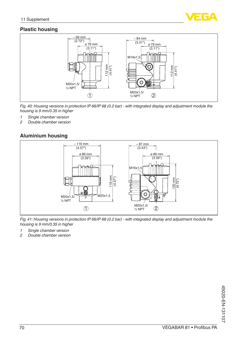 Plastic housing, Aluminium housing | VEGA VEGABAR 81 Profibus PA - Operating Instructions User Manual | Page 70 / 84