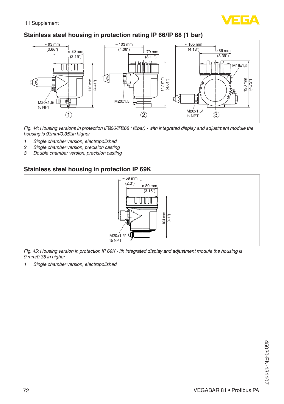 Stainless steel housing in protection ip 69k | VEGA VEGABAR 81 Profibus PA - Operating Instructions User Manual | Page 72 / 84