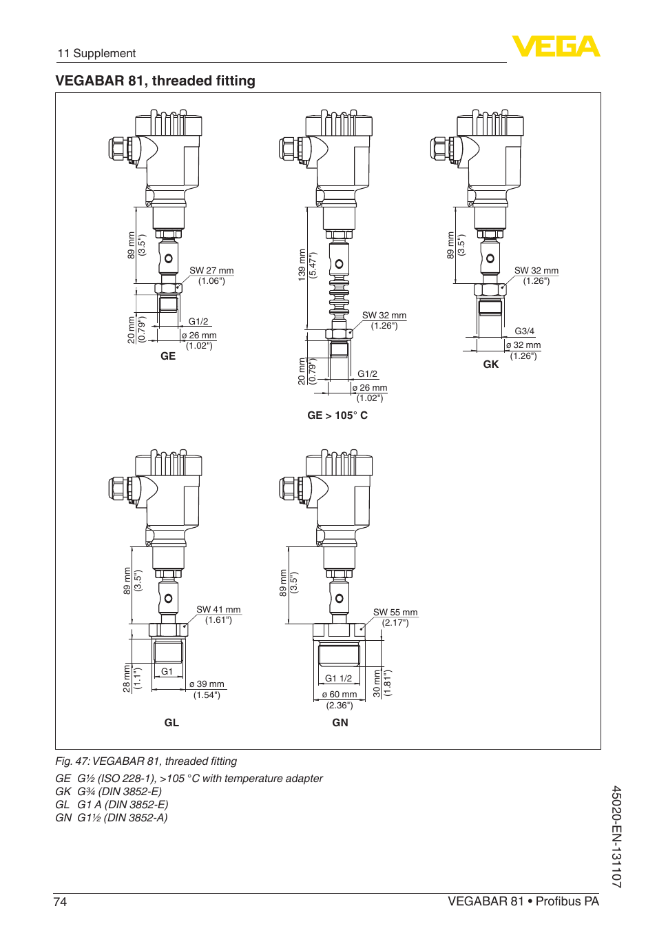 Vegabar 81, threaded fitting | VEGA VEGABAR 81 Profibus PA - Operating Instructions User Manual | Page 74 / 84